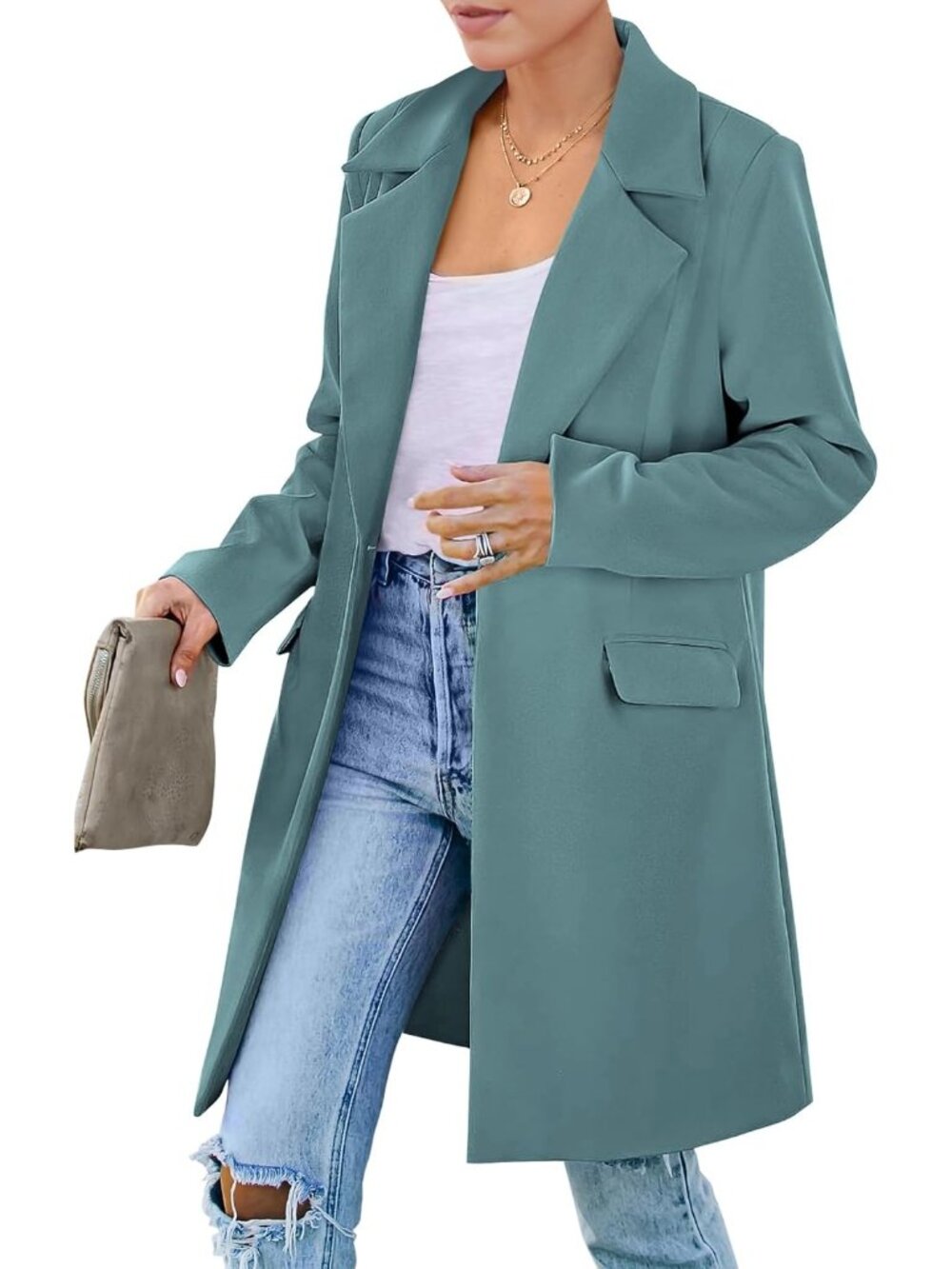 Women's Blue Green Mid-Length Padded Shoulder Loose Fit Fall Blazer Trench Coat